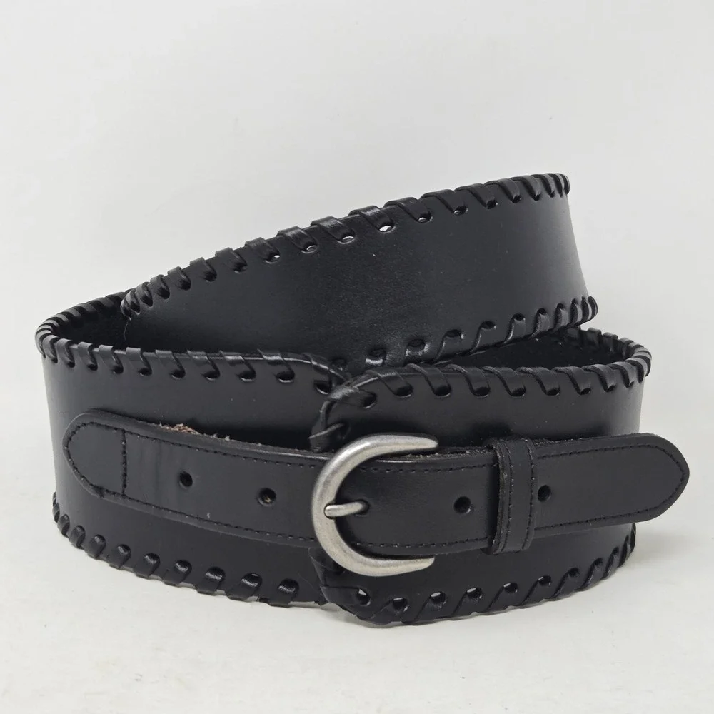 Banana Republic Womens Black Leather Whipstitch Wide Belt Large Silver Buckle